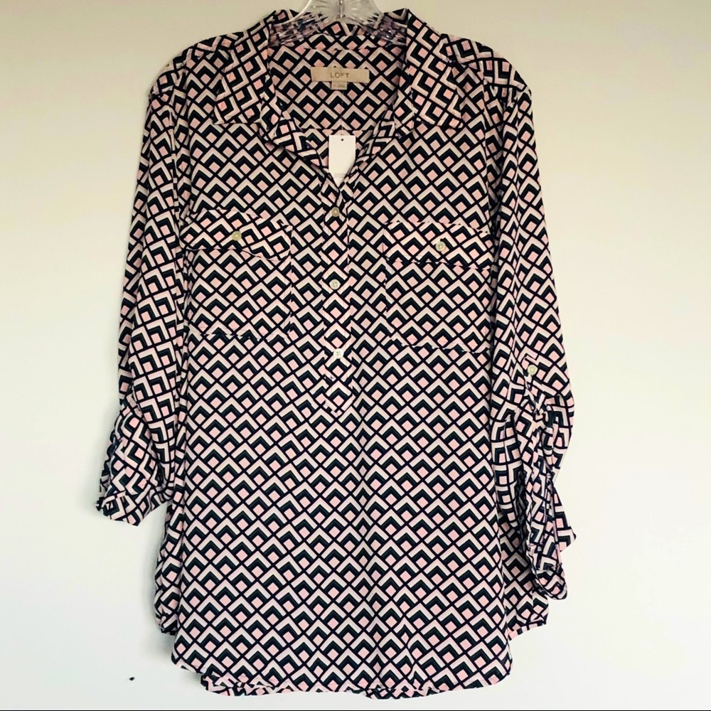 Loft Button Front Geometric Print Blouse - image 1